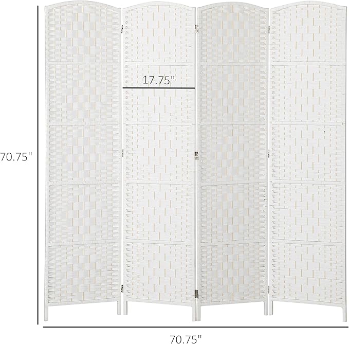 HOMCOM Room Divider, 4 Panel Folding Privacy Screen, 6FT Tall Portable Wicker Weave Partition Wall Divider for Bedroom, Home Office, White