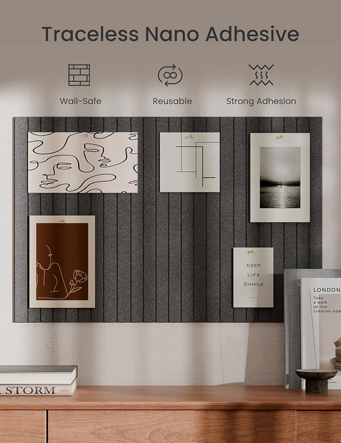 Bumusty Large Cork Board Alternative-36 x24 Felt Bulletin Board Tiles, with 30 Pushpins, 40 Adhesive Tabs, 6-Pack Slat Wall Paneling, Cork Boards for Office Push Pin Board Felt Board-Charcoal Gray