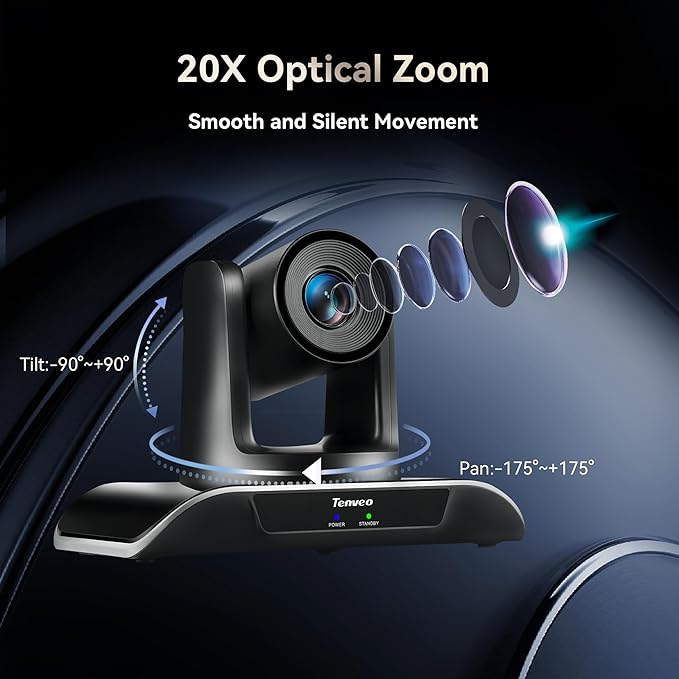 Tenveo 20X Optical Zoom PTZ Conference Room Camera, USB3.0/HDMI FHD 1080P 60FPS, for Video Conferencing Business Meeting Live Streaming Church Services Worship Events Education Zoom Teams OBS