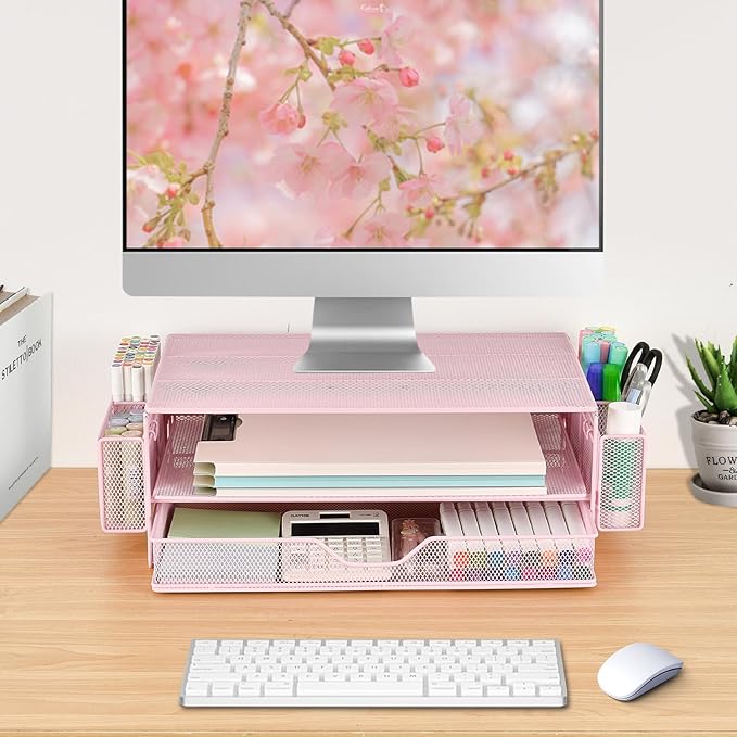AUPSEN Computer Monitor Stands Riser，2-Tier Desk Organizers and Accessories, Office Desk Accessories Organizer with Drawers and 2 Pen Holder for Office Supplies (Pink)