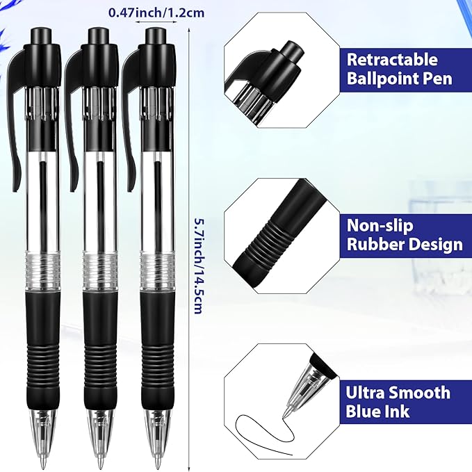 Fainne 200 Pack Retractable Ballpoint Pen 1.0 mm Medium Point Refillable Smooth Click Writing Pens With Grip for Work Journal Writing Office School Supplies(Black Ink)