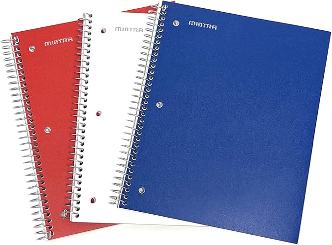 Mintra Office Durable Spiral Notebooks, 1 Subject, (Red, White, Blue, Wide Ruled 3pk)
