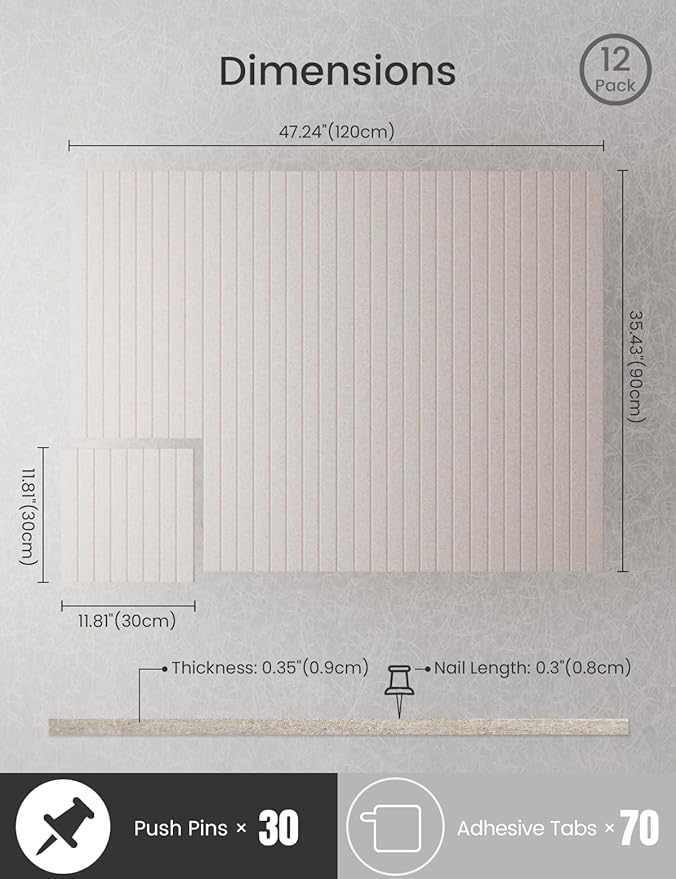 Bumusty Large Cork Board Alternative-47 x35 Felt Bulletin Board Tiles, with 30 Pushpins, 70 Adhesive Tabs, 12-Pack Slat Wall Paneling, Cork Boards for Office Push Pin Board Felt Board-Oatmeal