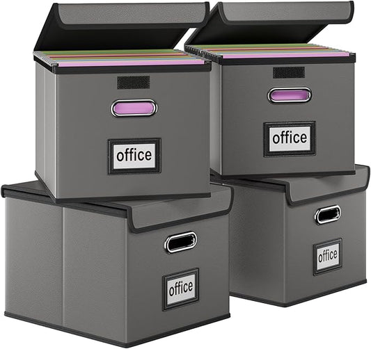 Huolewa Portable Leather File Organizer Boxes with Lids, Office Document Boxes Organizer, Filing Boxes, Decorative Small File Boxes for Hanging Files with Plastic Slide for Office/Decor/Home