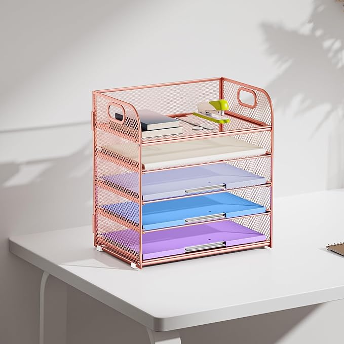 Marbrasse 5 Tier Paper Organizer Letter Tray, Mesh Desk File Organizer with Handle, Paper Sorter Desk Organizer for Home Office Supplies - Rose Gold