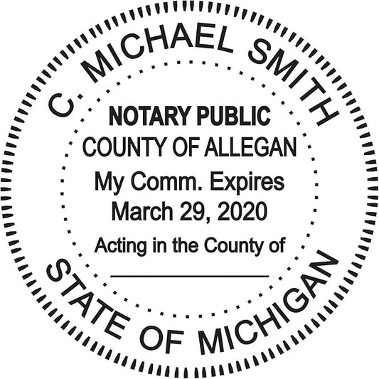 Round Notary Stamp for State of Michigan- Self Inking Stamp - Top Brand Unit with Bottom Locking Cover for Longer Lasting Stamp - 5 Year Warranty
