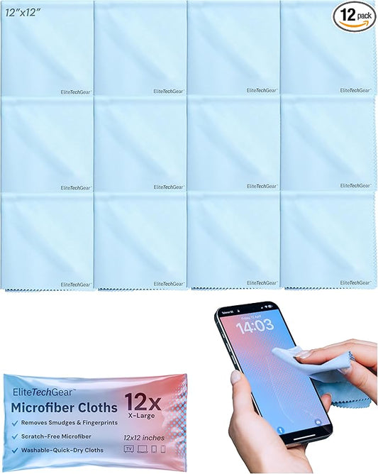 Elite Tech Gear Microfiber Cleaning Cloth 12-Pack - 12"x12" Oversized, Washable & Durable for Glasses, Lenses, Electronics & Screens - High Tech Quality Material