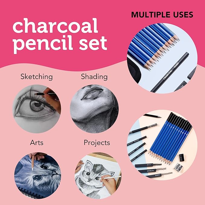 Incraftables Drawing Pencils for Sketching & Shading. Art Sketch Pencils Set for Adults & kids. Drawing Supplies Sketch Kit with 21 Graphite & Charcoal Pencils.