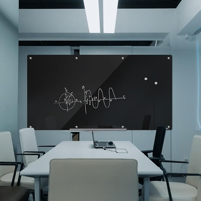 TOWON 8 x 4ft Glass Whiteboard Wall, Black Magnetic White Board Dry Erase 96 x 48 in, Big Glass Dry Erase Board with Multi-Color Markers, Strong Magnets, Pen Tray and Eraser, Frameless