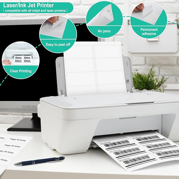 L LIKED 2" x 4" Label Stickers, Printable White 10 per Sheets Total 1000 Labels for Laser/Inkjet Printing - Matte (1000 Labels)