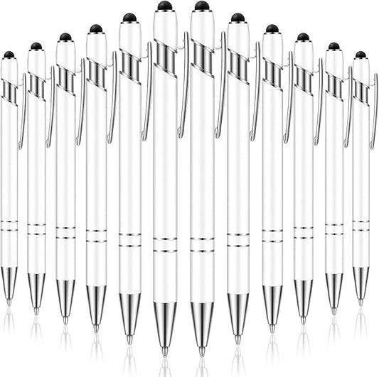 Tenare 12 Pieces 2 in 1 Stylus Metal Ballpoint Pen with Stylus Tip, 1.0 mm Black Ink Ballpoint Pen for Touch Screens(White)