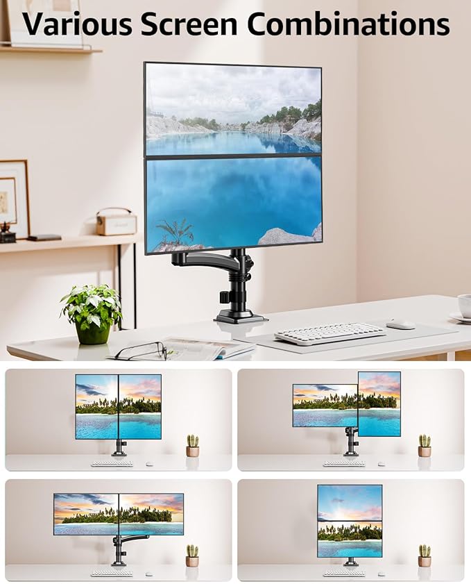 Dual Monitor Stand Holds 4.4-22 lbs Each, Dual Monitor Mount Height up to 26.6 inch, Gas Spring Monitors Arm for Max 32 inch Computer, VESA Mount with C-clamp & Grommet Mounting, Freelift Black