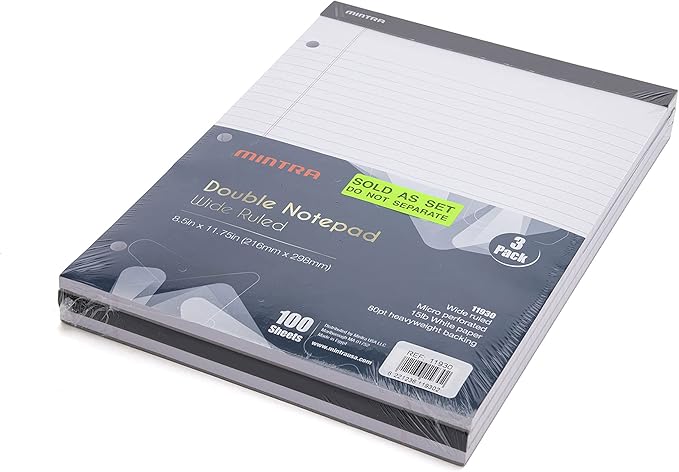 Mintra Office Legal Pads (Double Pad 3pk (White), 8.5in x 11in (Wide Ruled))