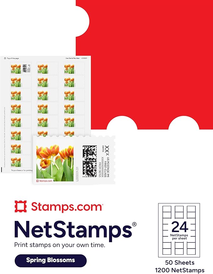 Spring Blossoms NetStamps 1200-Pack (50 Sheets) Printable Postage Labels (Stamps.com Subscription Required) - Print Approved Postage - Inkjet & Laser Printers - Business, Personal, Home