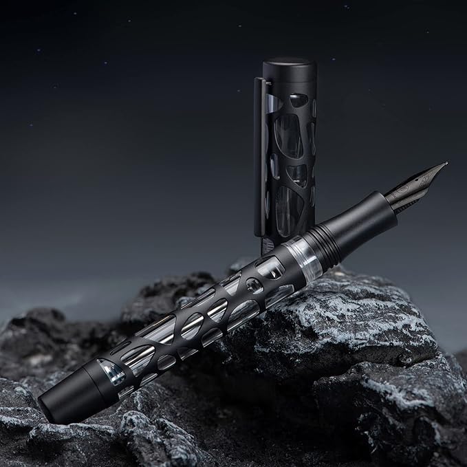 Asvine V169 Vacuum Filling Fountain Pen, Matte Black Water Drop Skeleton Transparent Acrylic Pen, Black Fine Nib Office Pen with Case Set