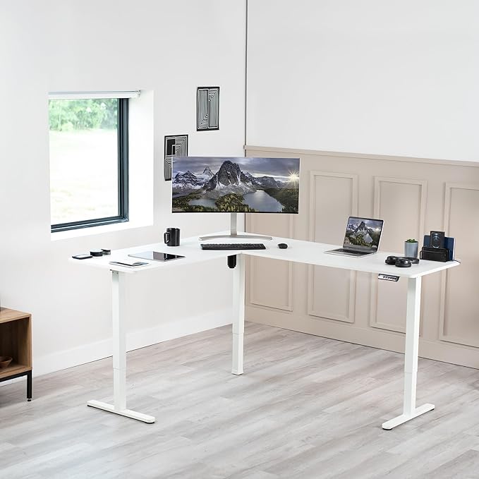 VIVO Electric Corner L-Shaped 75 x 63 in Rustic Standing Desk, Memory Height Adjustment, White Top White Frame, DESK-E3CTW-75