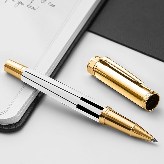Luxury Rollerball Pen Set - Smooth Writing, Elegant Design, Quick-Drying, Refillable Liquid Ink, 2 Refills (Black, Blue), Ideal for Professionals, Students