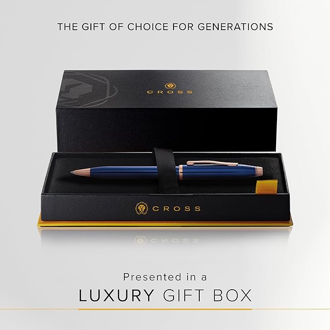 Cross Century II Refillable Ballpoint Pen Presented in a Luxury Gift Box - Medium Point, Black Ink, Translucent Cobalt Blue & Rose Gold