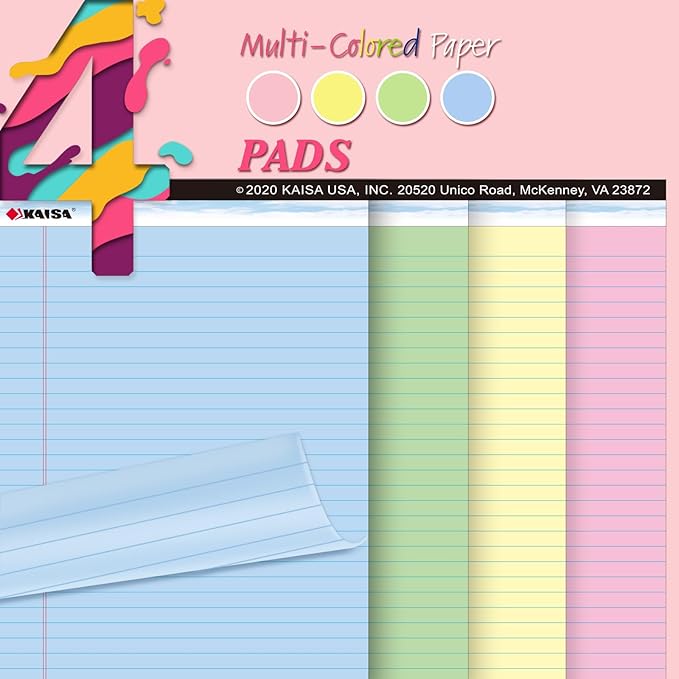 KAISA Colored Legal Pad Writing Pads 8.5x11 inch, Wide Ruled, 40 Sheets/Pad, 20lb Colored Paper, Perforated Writing Pad with Sturdy Back (4 Pads), KSU-5972