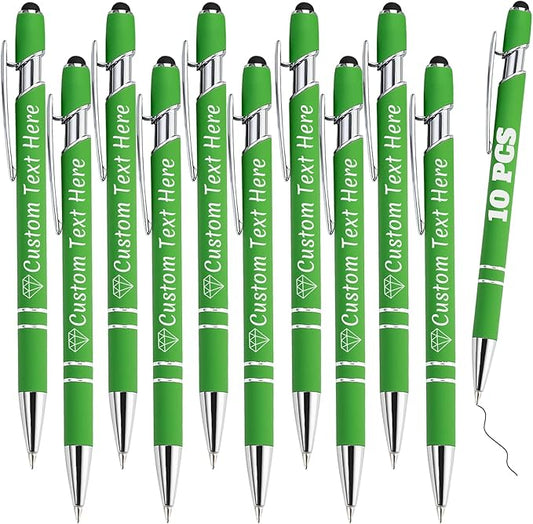 Personalized Pens Bulk 10 with Name Custom Engraving Ballpoint Pens with Stylus Tip Customized Smooth Writing Pens Personalized Gifts for Anniversary Birthday or Graduation(Light Green,Black Ink)