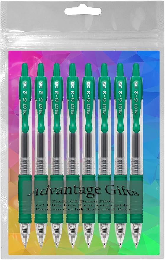 G2 Retractable Premium Gel Ink Roller Ball Pens Extra Fine Point (.5mm) Green Ink 8 pack; Refillable & Premium Comfort Grip Bundle with Plastic Reusable Pouch