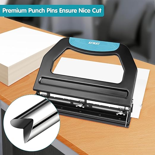 AFMAT Heavy Duty 3 Hole Punch, 50-Sheet, 50% Reduced Effort, Adjustable Two & Three Hole Punch, Metal Paper Puncher w/Large Chip Tray, Metal Paper Guide, Black