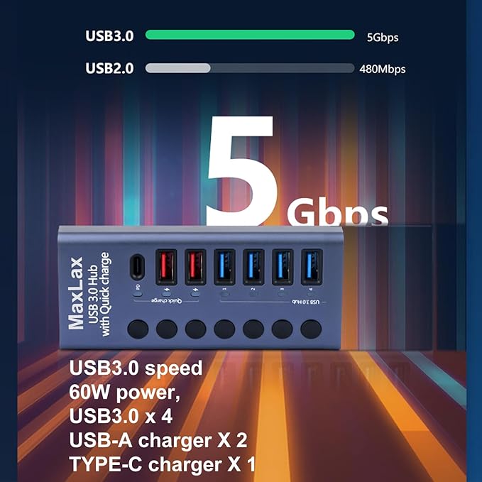 MaxLax Aluminum 7 Ports USB 3.0 hub with Charging Function, 36W (12V/3A) Power Adapter,Individual Power swiches