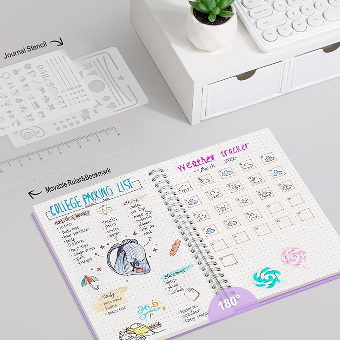 AHGXG Bullet Dotted Journal - Dot Grid Spiral Notebook A5, 160 Pages, 100 GSM Thick Paper, Waterproof Plastic Cover Journals for Bullet Journaling, Sketching, 5.7" x 8.3", Purple