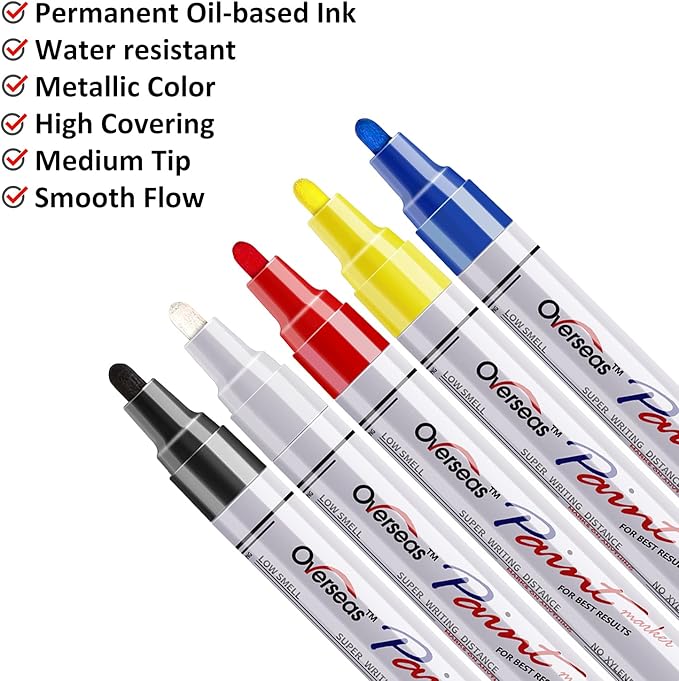 Paint Marker Pens - 5 Colors Permanent Oil Based Paint Markers, Medium Tip, Quick Dry and Waterproof Assorted Color Marker for Metal, Wood, Fabric, Plastic, Rock Painting, Stone, Mugs, Canvas, Glass