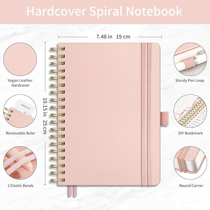 EMSHOI B5 Leather Hardcover Spiral Notebook - 300 Numbered Pages, 100 GSM Thick Paper, College Ruled Journal for Work, Writing & Note-Taking, 7.48" x 10.15", Rose Gold for Men & Women