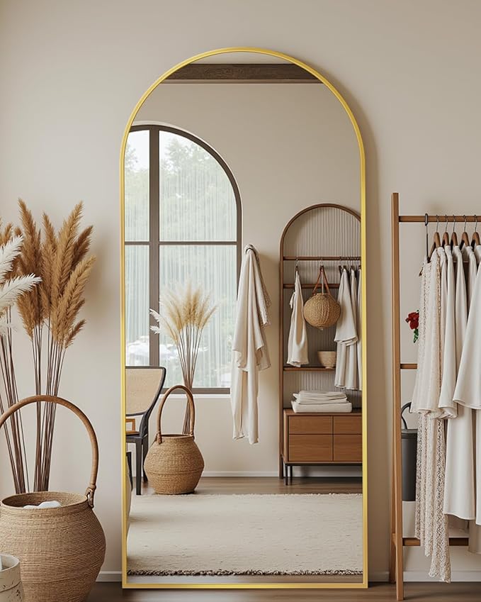 Full-Length Floor Mirror with Stand, 68"x26" Arched Style Full Body Standing Mirror for Bedroom, Living Room, Gym, Dorm - Shatter-Resistant & Easy Assembly, Gold