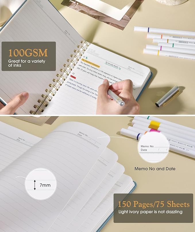 Lined Spiral Journal Notebook, A5 Hardcover Spiral Journals for Women Men, 150 Numbered Pages Spiral Bound Notebook, 100 GSM College Ruled Notebooks for Writing Note Taking 5.75" x 8.38", Misty Blue