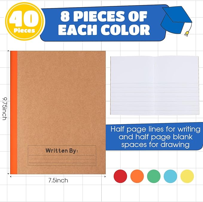 Henoyso 40 Pcs Primary Composition Notebook 9 3/4 x 7 1/2 Inch Kids Journal, Back to School Supplies, K-2 Primary Writing Notebook for Kids Student Draw and Write Story Journal (Bright Color)