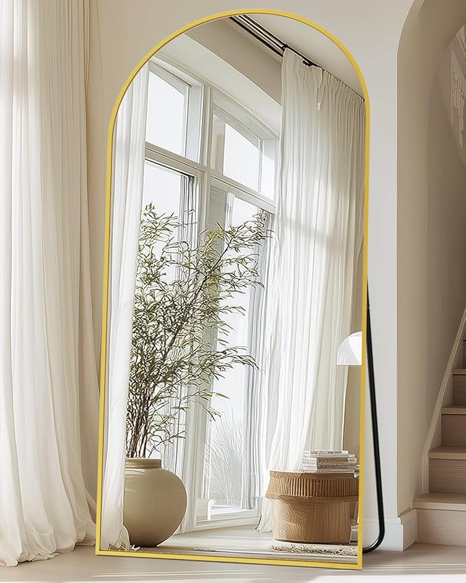 Full-Length Floor Mirror with Stand, 76"x34" Arched Style Full Body Standing Mirror for Bedroom, Living Room, Gym, Dorm - Shatter-Resistant & Easy Assembly, Gold