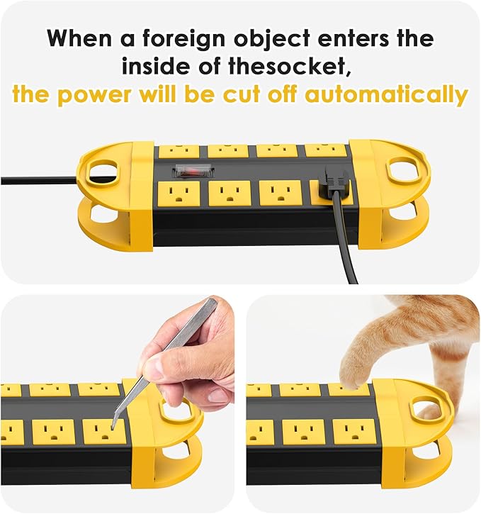 CCCEI GFCI Outdoor Power Strip Weatherproof with 8 AC, Waterproof Extension Cord with Multiple Outlets, Wall Mount Surge Protector Flat Plug, Christmas Exterior Garden, Yard, 10FT, Yellow.