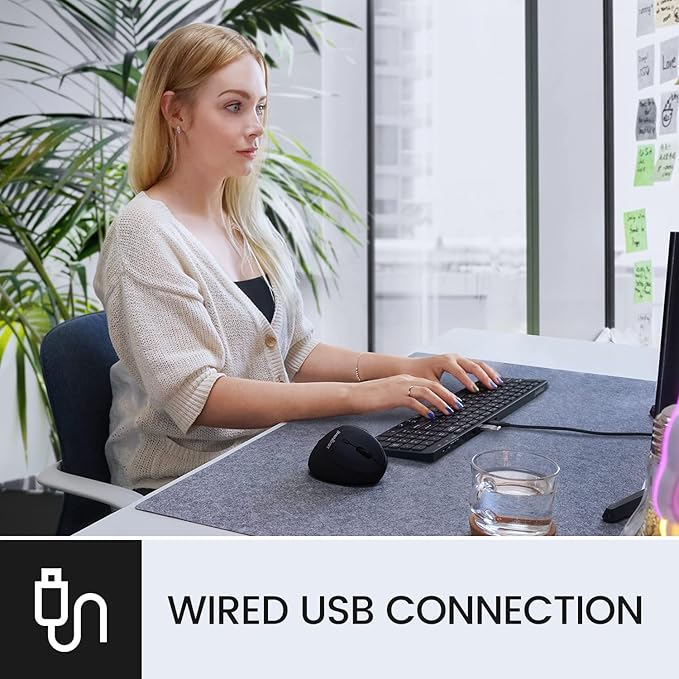 Perixx PERIBOARD-215B US, Wired Keyboard - Ultra Slim Scissor Keys - 2 Built-in USB-A & USB-C Ports - Detachable Cable - Black - US English