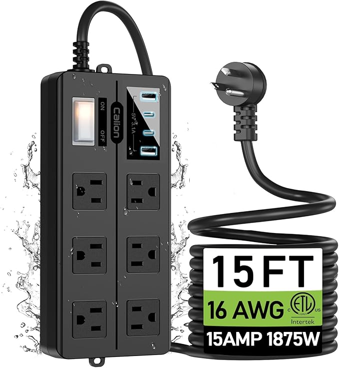 Outdoor Power Strip Weatherproof,Waterproof Surge Protector with 4 USB Ports and 6 Outlets,15 FT Extension Cord with Flat Plug,Shockproof Overload Protection, Wall Outlet for Home Office Porch Patio