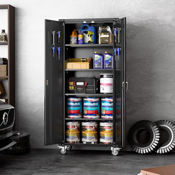 Aobabo Black Metal Garage Cabinet with Pegboard,72In Lockable Storage Cabinets with 2 Doors&4 Adjustable Shelves, Steel Cabinets for Garage&Home Storage,Easy-Assembly