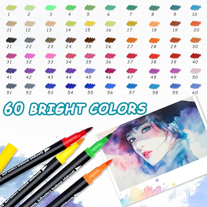 60 Colors Dual Markers Brush Pens, Art Markers Colored Pens for Adult Coloring Books, Brush and Fine Point Dual Tip Artist Colored Marker Set for Drawing Adult Coloring Hand Lettering