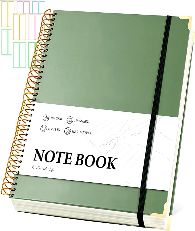 Large Spiral Notebook College Ruled with Tab Stickers A4 Notebooks for School Supplies Hardcover Spiral Notebook 8.5 x 11 Journal Note Book for Work Note Taking Women Men Writing, 220 Pages, Green