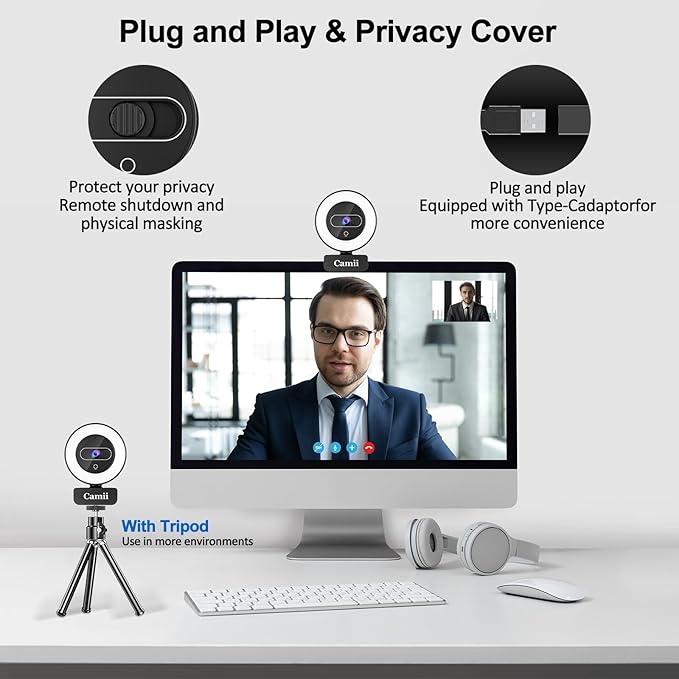 4K Webcam with Light, HD Webcam for PC with Remote Control, Built-in Privacy Cover, Adjustable Brightness, Noise Reduction Mics, for Zoom Skype Teams Laptop and Google Meet