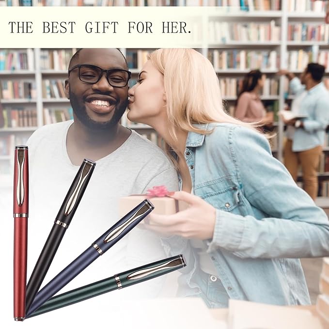 Liquid Ink Rollerball Pen - Luxury Metal Pen with Smooth Writing, Stylish Design, Effortless Writing, Fancy Gift Case for Men & Women, Includes 2 Refills - Pear Red