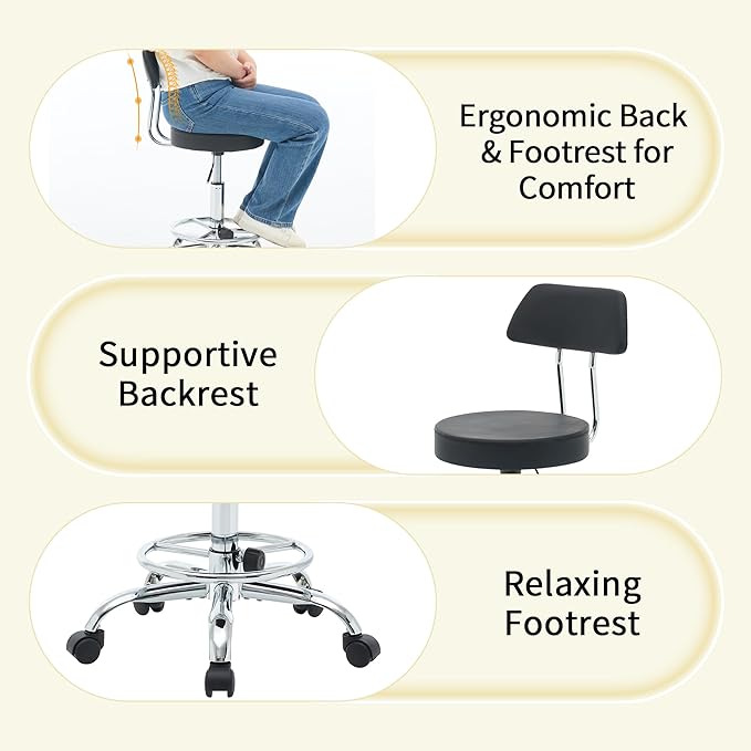 Rolling Stool with Back,Adjustable Height Foot Rest Rolling Salon Chair 19.5’’-26.6’’,Black Ergonomic Stool (Black)
