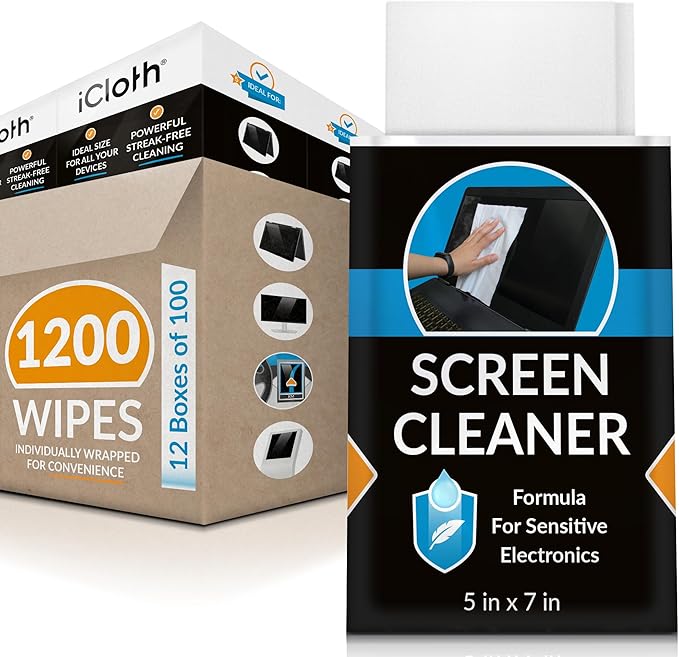 iCloth Large Screen Cleaning Wipes for Electronics, Lint-Free and Streak-Free, Fast-Drying, Removes Dust, Fingerprints, and Smudges (1200 Wipes)