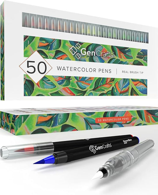 GenCrafts Watercolor Brush Pens Set of 50 Premium Colors - Real Brush Tips - No Mess Storage Case - Washable Nontoxic Markers - Portable Painting