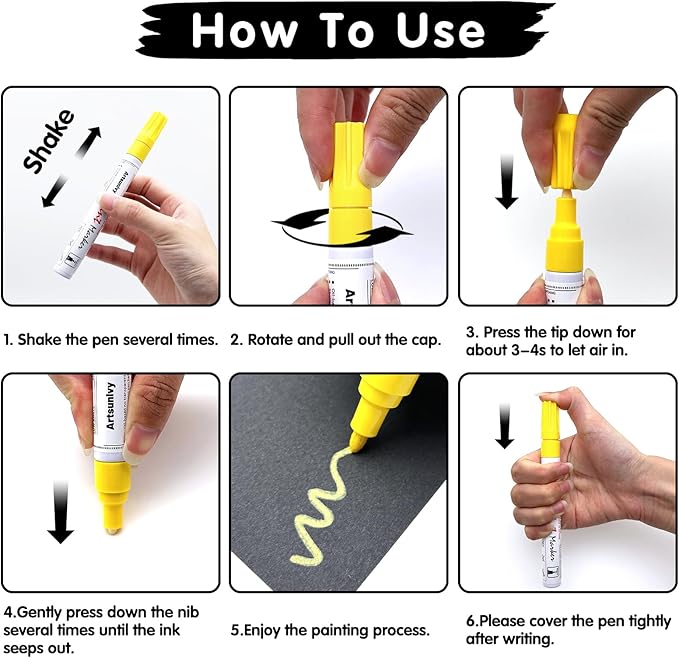 Yellow Paint Pens Permanent Markers - 2 Pack Oil Based Quick Dry Waterproof Markers for Tire, Rubber,Wood, Rocks, Metal, Canvas, Plastic, Dark Surface,Craft Art Supplies,Medium Point