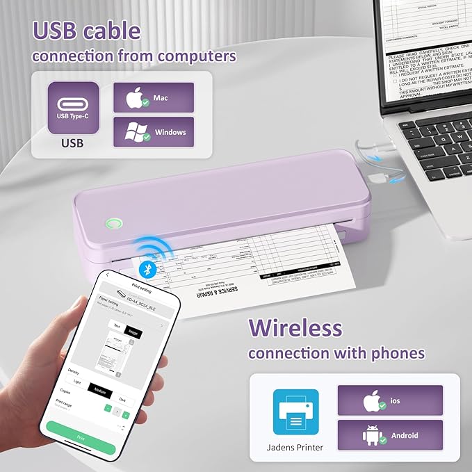 Inkless Portable Printer for Travel, Wireless Thermal Printer Supports 8.5 x 11 Inch US Letter Size, Bluetooth Machine Includes Carry Case and 3 Rolls of Thermal Paper Kit, Purple