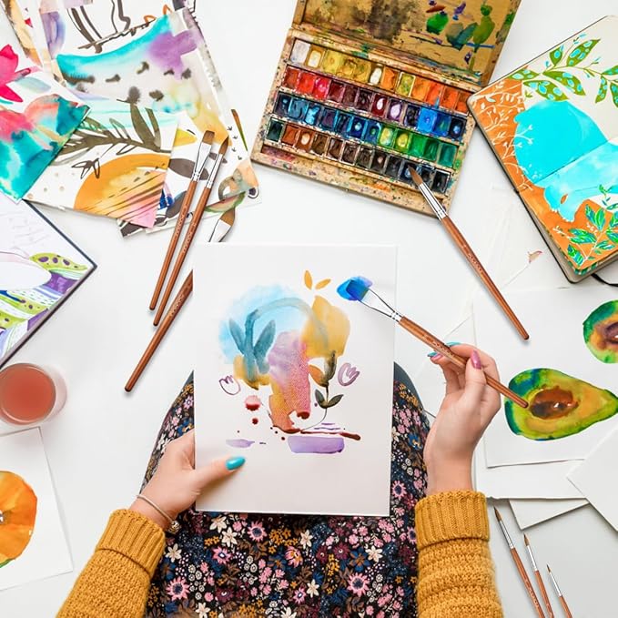 Sable Watercolor Brushes Professional, Fuumuui 8Pcs Sable Brush Set Variety Shapes with Flat, Round Pointed, Liner, Cat's Tongue Oval Wash Perfect for Watercolor Acrylic Gouache Inks Painting