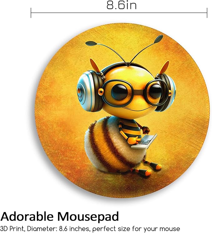 Bee Small Mouse Pad, Cute Round Mouse Pads for Desk, Travel Mini Mousepad with Non-Slip Rubber Base, Portable Mousepads for Wireless Computer Mouse Laptop, Office Desk Accessories, 8.6 * 8.6 Inch