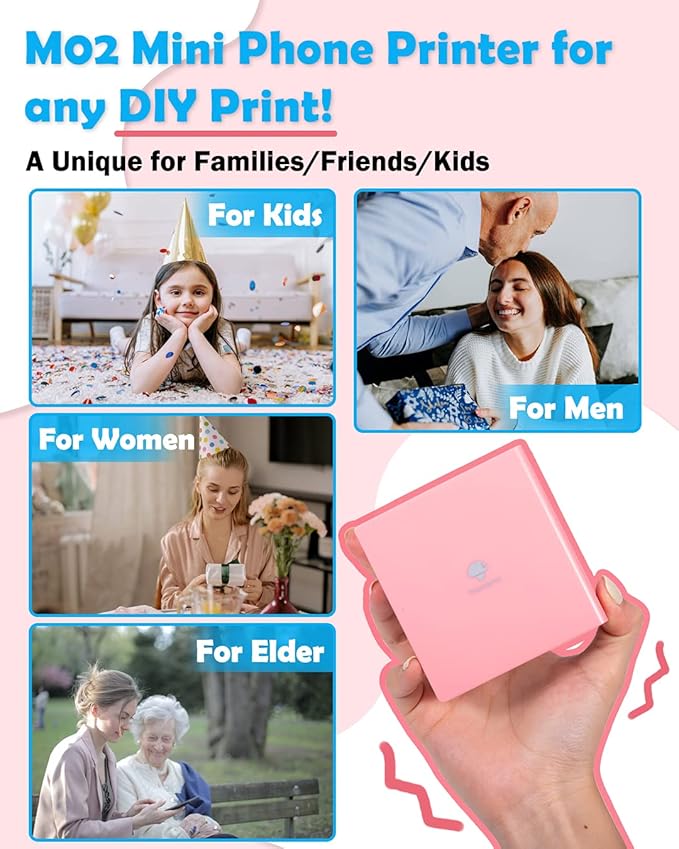 Phomemo Mini Sticker Printer- Mini Printer Sticker Maker Machine M02, Print Pods Suitable for Creative DIY, Diaries, Photos, Study Notes, Portable Thermal Inkless Label Maker for Home/Travel, Pink